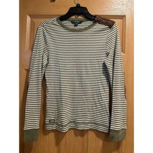 Ralph Lauren Women's Green and White Striped Shirt with Leather detail- Size M